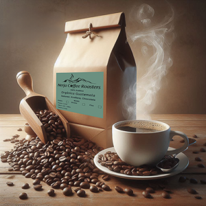 Coffee Bag, organic Guatemala coffee beans and a fresh cup of coffee on a wooden table