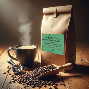Organic Honduran coffee bag with a wooden and silver scoop full of freshly roasted coffee beans